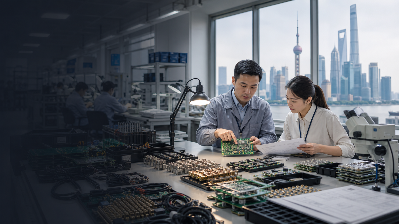 Electronics sourcing workstation with PCB, connectors, and components in Shanghai